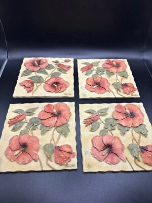 4 Blum Wall Plaques Tile Orange Poppies Embossed Hand Painted Floral Hanging Art - Image 1 of 4