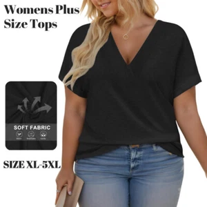 Plus Size Women's V Neck Casual T Shirts Rolled Short Sleeve Trendy Loose Tees - Picture 1 of 13
