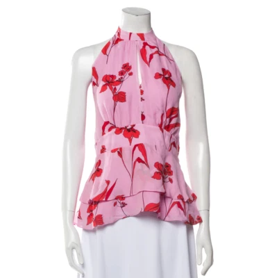 Nueva Blusa PARKER Mujer Seda Halter Top Rosa Rojo Estampado Orquídea Talla L Nueva con Etiquetas Foto 1 de 4