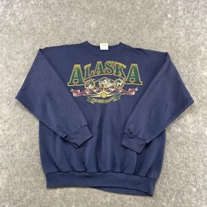 VTG Alaska Sweatshirt Mens Large Blue Nature Graphic Thrashed Distressed 90s