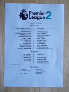 11/03/2019 WEST BROMWICH ALBION V FULHAM TEAMSHEET PREMIER LEAGUE 2 (U23) - Picture 1 of 1