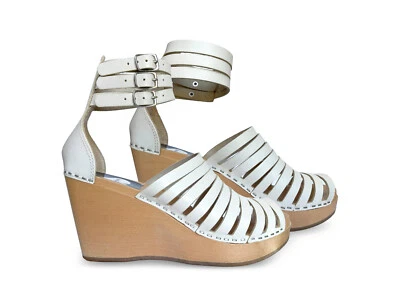 Swedish Hasbeens Holzsohle weiß H&M Leder Wedges Keilabsatz Gr. 38 (Gr. 39) - Bild 1 von 3