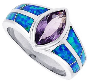 Fine Women Silver Rhodium Plated Opal Inlay Ring Marquise Violet Purple CZ 11mm - Picture 1 of 1