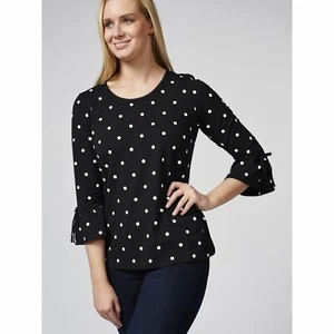 Denim & Co. Black White Spot Printed Jersey Scoop Neck Bell Sleeve Top Size S - Picture 1 of 2