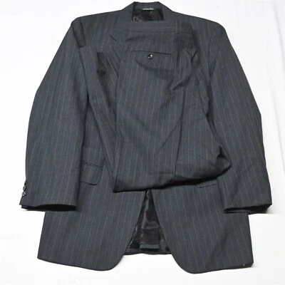 Vtg Bespoke 90s 42L 30x30 Gray Stripe Slim USA Made Mens Jacket Pants Suit - Image 1 of 4