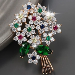 Vintage Flower Rhinestone Brooch Gold Pin Crystal Brooches Jewelry Gifts Wedding - Picture 1 of 6