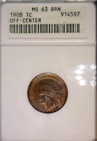 1908 ERROR ANACS MS63 Off Center Indian Head Cent Coin NICE CH BU O/C  FREE SHIP Cover