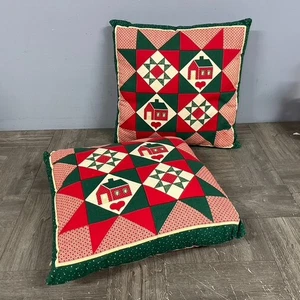 2 VTG Handmade Country Quilted Christmas Accent Pillows 14x14" Barn Farmhouse - Picture 1 of 6