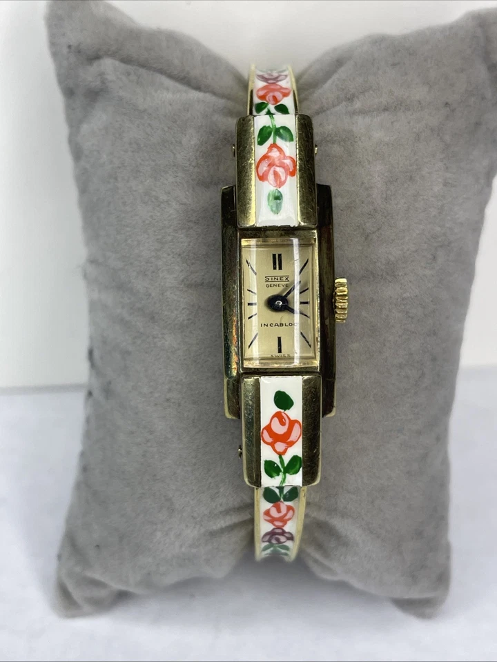 Vintage Sinex Geneve Incabloc Swiss Made Mechanical Floral Enamel Gold Filled  - Image 1 of 4