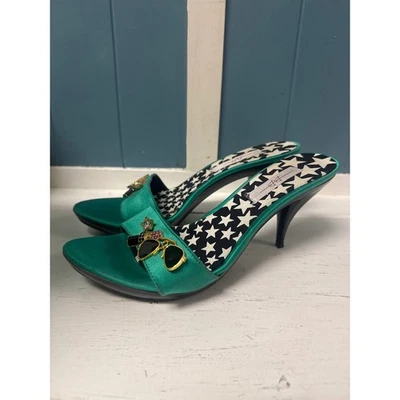 Green Satin Stiletto Heels with Novelty Charm Embellishments - Image 1 of 4