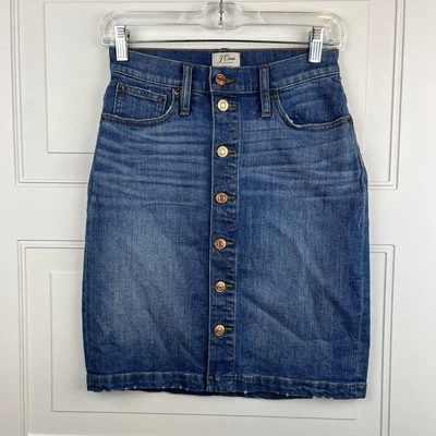 Saia lápis jeans feminina J Crew tamanho 4 botão frontal elástico azul cintura 25" - Imagem 1 de 4