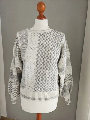 C&A Vintage Strick Pullover weiß grau Gr. M kariert, mit Muster, Damen, Langarm - Bild 1 von 3