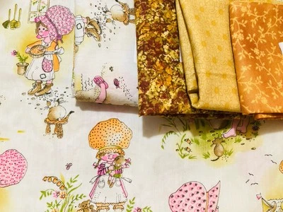 Lot of 4 Cotton Fabric Scraps Holly Hobby Style Girl Cats Kitchen Browns Lot #3 - Image 1 of 4