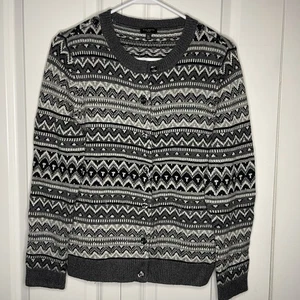 Talbots Medium Petite Lambswool Blend Gray Fair Isle Beaded Embellished Cardigan - Picture 1 of 7