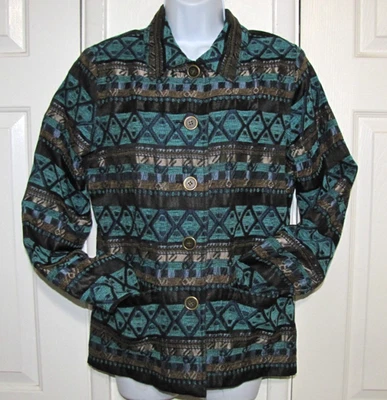 Vintage Koret Button Jacket Turquoise/black Jacquard Textured Tapestry Wm. S/M - Image 1 of 4
