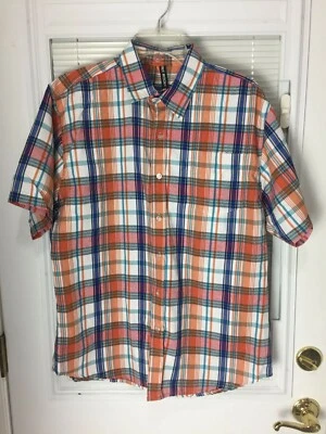 Men's Orange Blue & White Plaid Short Sleeve Button Front Collared Shirt Size XL - Image 1 of 4