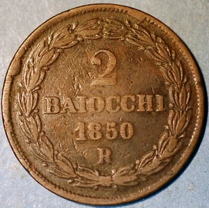 1850 2 Baiocchi VR Italian States PAPAL STATES Pius IX KM# 1344 - Picture 1 of 2