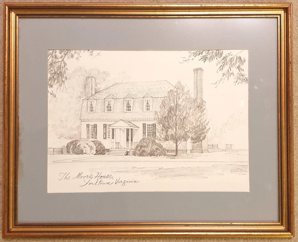 THE MOORE HOUSE - YORKTOWN - ORIGINAL VINTAGE FRAMED PENCIL DRAWING signed by ML - Image 1 of 4