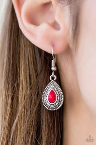 Paparazzi "Blazing Beauty"Silver Sunburst Filigree & Red Stone Dangling Earrings - Picture 1 of 2