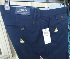 Ralph Lauren Polo Chino Stretch Straight Fit Navy Nautical Emb Sail Boats 34x32 - Picture 1 of 12