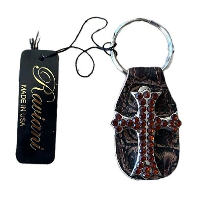 Llavero Cruz Raviani en Cuero Cocodrilo Marrón Cristales Topacio Ahumado Foto 1 de 2