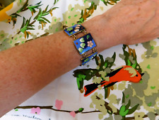 Vtg Robert Kuo Beverly Hills floral cloisonne enamel panel link bracelet signed
