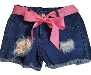 Distressed Blue Jean Shorts w/Pink Ribbon Belt - Girls Size 2XL - Picture 1 of 10
