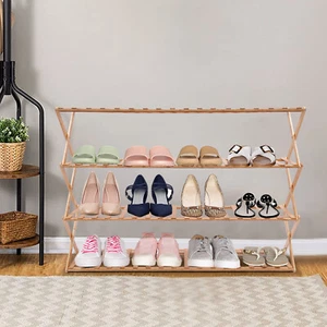 Living Room Shoe Rack 4-Tier Foldable Shoe Shelf Entryway Hallway Closet Bamboo - Picture 1 of 17