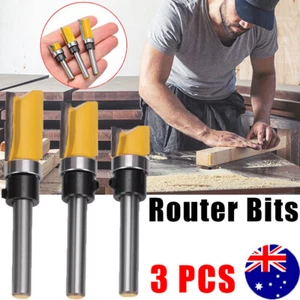 3Pcs 1/4" Router Bits Kit Top Shank Flush Wood Trim Bearing Milling Cutter Tool - Picture 1 of 13