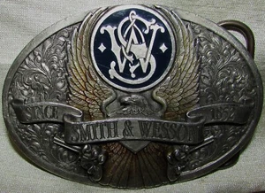 1980s SMITH & WESSON BERGAMOT J-300 PEWTER EAGLE 3.7" OVAL BELT BUCKLE, USED-VG - Picture 1 of 9