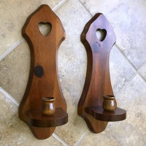 2 Vintage Hand Crafted Farmhouse Wooden Wall Candle Holders Heart Cut Outs 15" - Picture 1 of 13