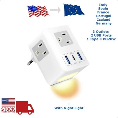 European Plug Adapter Travel Power Plug with 3 Outlets 2 USB 1 C to Spain Italy - Image 1 of 4