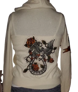 Raw 7 Vintage Cashmere Sweater Graphic Tattoo Hoodie Jacket Cardigan Beige Sz S - Bild 1 von 5