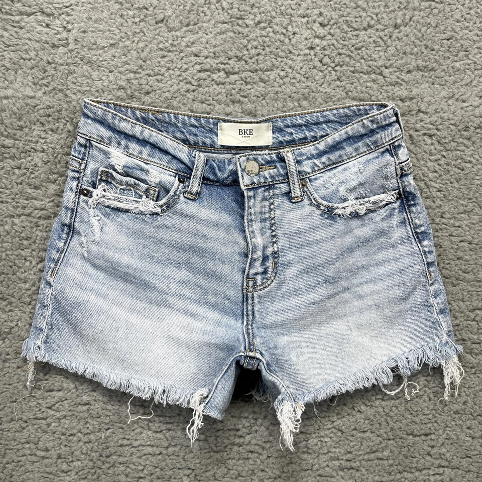 Pantalones Cortos BKE Denim Corte Para Mujer 26 Lavado Ligero Envejecido Crudo Deshilachado Elástico Foto 1 de 4
