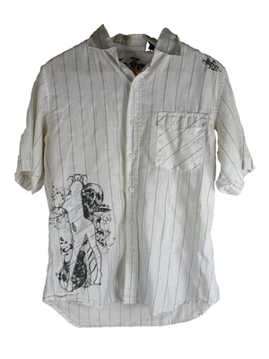 Camisa NO FEAR Vintage Y2K Para Hombre Manga Corta Abotonada Rayas Med. Skull Grunge Foto 1 de 4