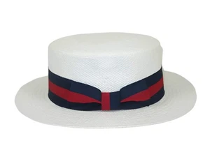 Sombrero para hombre Bruno Capelo Boater corona plana de paja natural BC631 blanco/rojo/azul - Imagen 1 de 9