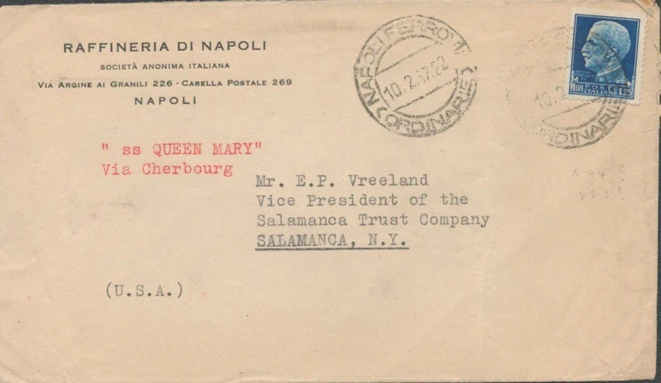 1922 Italy Cover Napoli SS Queen Mary Ship via Cherbourg - Image 1 of 1