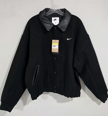 Nike Solo Swoosh шерсти Varsity куртка кожи черный мужчин маленький FZ1168-010 новый с Ярлыками - Изображение 1 из 4