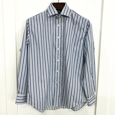 Camisa listrada masculina THOMAS DEAN grande branca azul manga longa ajuste clássico - Imagem 1 de 4