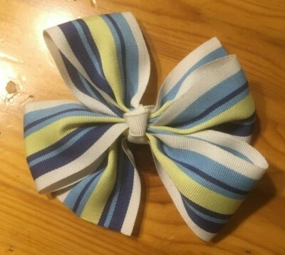 Handmade Girls Blue Yellow and White Stripe Hairbow 4 1/4" School Uniform - Image 1 of 2
