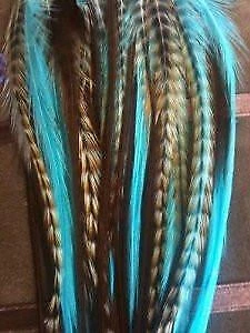 4-6 Turquoise with Brown & Grizzly Feathers for Hair Extensions Bonded Together  - Image 1 of 1