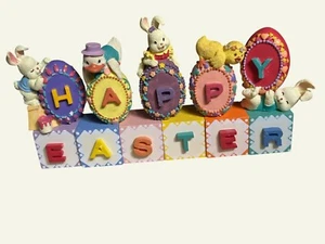 Happy Easter Figurine Decoration w/ Bunny  Chick Duck On Colorful Blocks - Picture 1 of 11