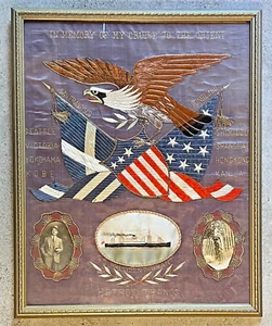 Vintage 1920s Embroidered Silk MEMORY OF MY CRUISE of Orient SS President Grant - Picture 1 of 4