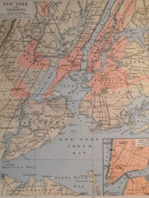 1896 NEW YORK CITY Vintage City Map Surroundings ORIGINAL 11.5 x 9.5 Color C17-6 - Image 1 of 3