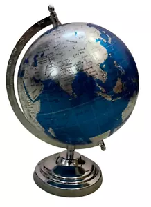 World Map Globe Blue & Silver Ornament Metal Stand Political Table Top Globe - Picture 1 of 9