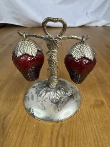 Vintage Silver Plated and Red Glass Strawberry Salt & Pepper Shakers Japan - Picture 1 of 6