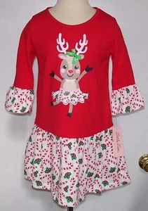 Girls Little Lass Reindeer Candy Cane Christmas Dress 6 - Picture 1 of 4
