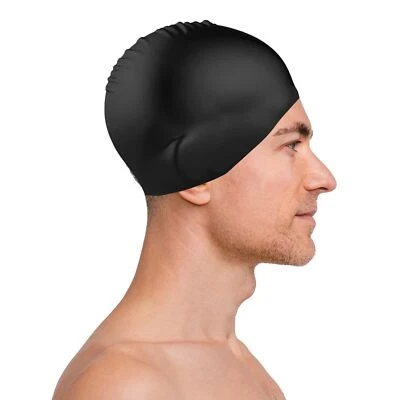 Black Swimming Cap Adult | Ladies Womens Mens Pool Swim Hat Waterproof Silicone - Image 1 of 4