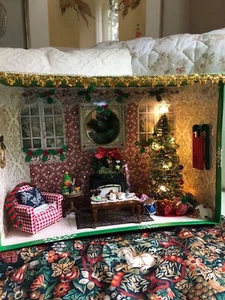 Dollhouse Miniature Christmas Diorama with Fireplace and Lights 1:12 Scale - Picture 1 of 7