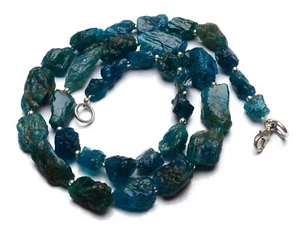 Brazil Neon Blue Apatite Gem Necklace Rough Unpolished Nugget Beads 18" 255Cts. - Picture 1 of 4